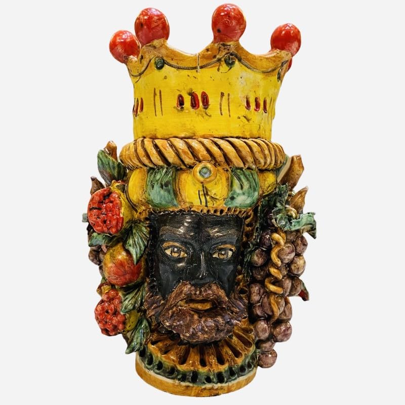 Sicilia Bedda Tête De Janus Bifrons Céramique Caltagirone – Couronne Et Turban, Hauteur 13-14 Cm
