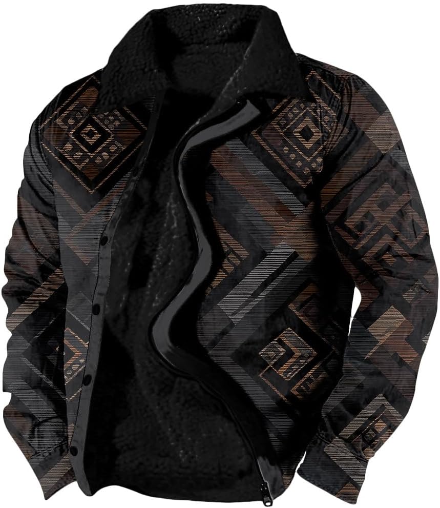 Men's Aztec Tribal Print Jacket Western Cowboy Graphic Fleece Coat Sherpa Casual Retro Zipper Jackets Warm Heavy