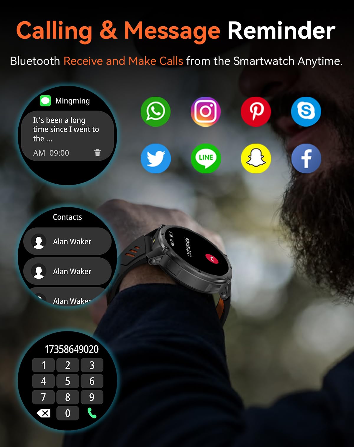 Reloj Inteligente Hombre, 1100mAh Smartwatch Hombre Militar con Llamadas, Linterna LED y Brújula, 1.7" AMOLED, IP68 Impermeable Monitorización del Sueño y SpO2, 100+ Deportes Modos para Android iOS