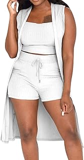 2025 - Casual Stretchy Wear 2022 - Conjunto de pantalones de 3 piezas para mujer, chaleco de abrigo sin mangas acanalado, informal, traje de pijama, conjunto sexy