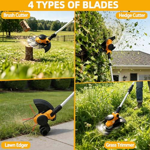 Image of 4 in 1 Electric Weed Eater, Cordless Weed Wacker with Wheels, 2x4.0AH Batteries, 20000RPM Brushless Motor, 90 Adjustable Head, Lightweight Grass Trimmer /Brush Cutter /String Trimmer for Garden Yard