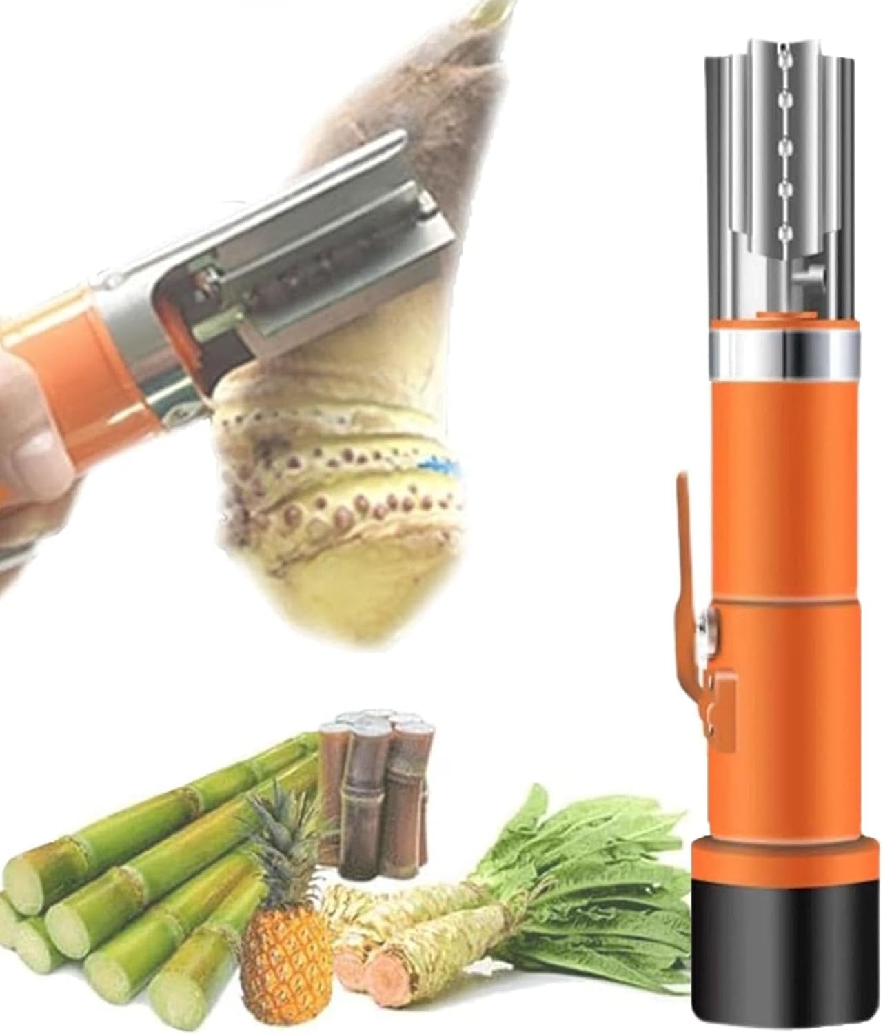 Pelador automático de caña de azúcar y máquina rascadora – Pelador eléctrico versátil de frutas y verduras con cubierta protectora para caña de azúcar, coco y más