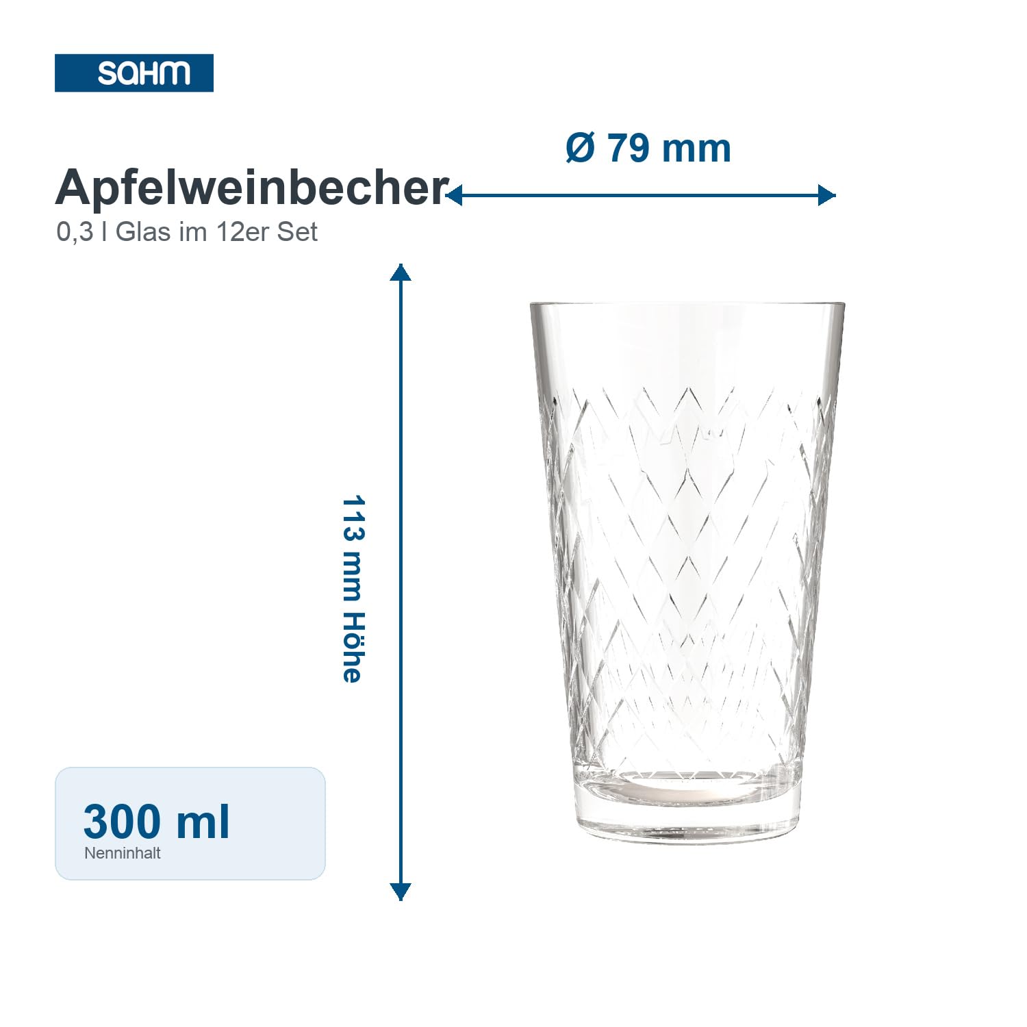 Sahm Apfelweingläser 0,3 l - 12 Apfelweingläser gerippt - Tolles Apfelwein Geschenk - Ideal auch als kleine Wassergläser