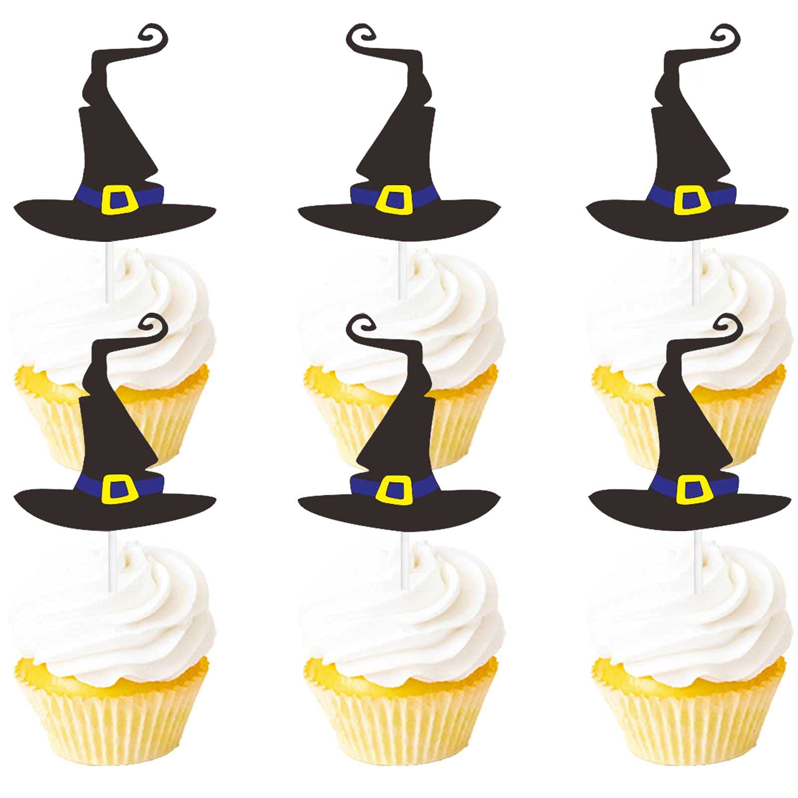 18pcs Black Glitter Witch Hat Dessert Cupcake Topper Halloween Fantasy Horror Theme Decorations Boys Girls Happy Birthday Party Decor Supplies