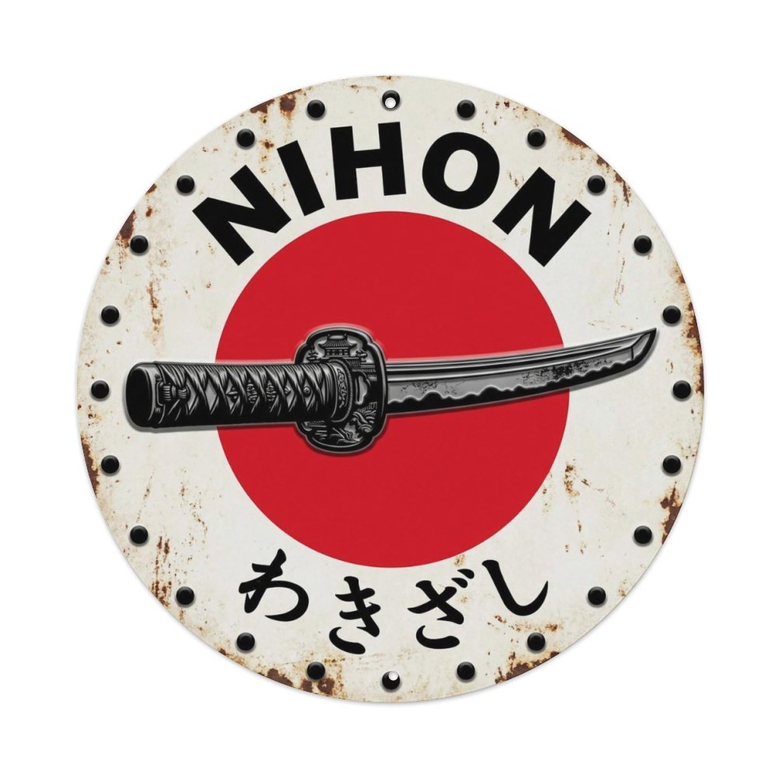 Wakizashi Blade Nihon Short Sword Rustic Vintage Crest Metal Tin Sign Plaque Wall Decor for Cafe, Man Cave, Club Bar, Office, Home Garden Round Metal Poster 8x8Inch