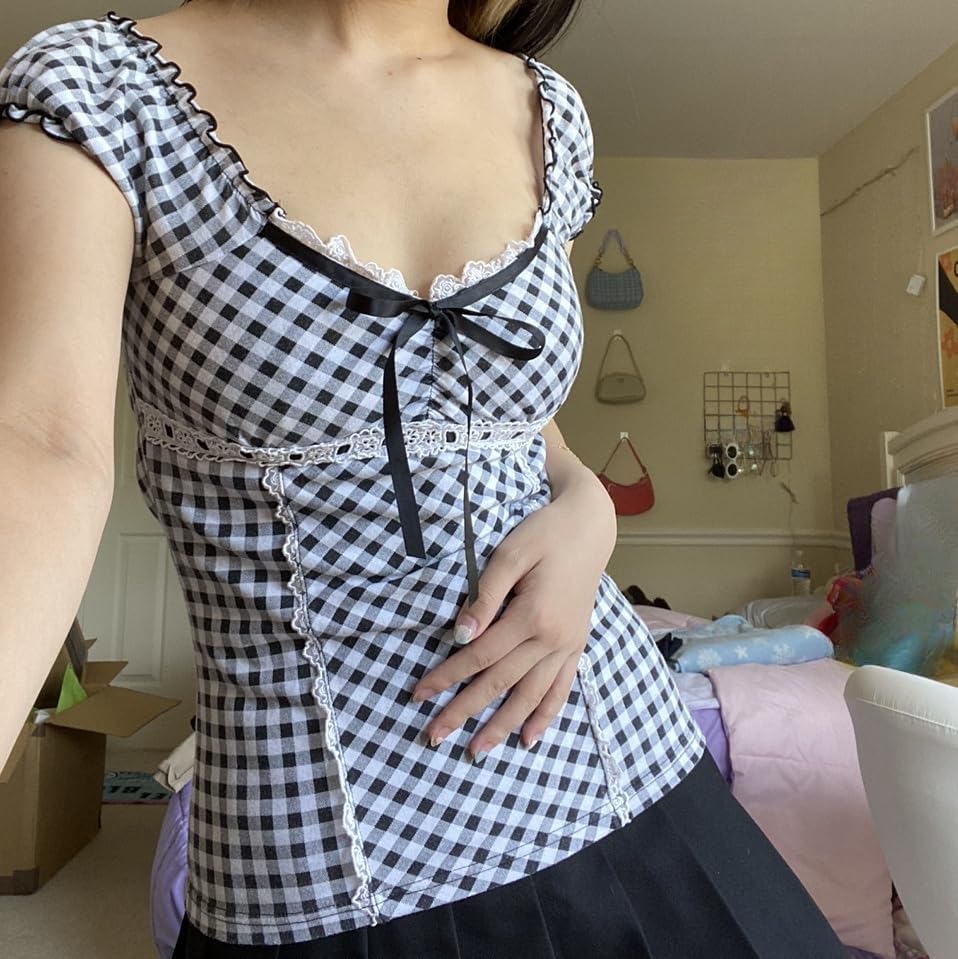 Women Y2K Summer Tops Short Sleeve Lace Up V Neck Shirt Fairy Grunge Vinatge E-Girls Aesthetic Tops3