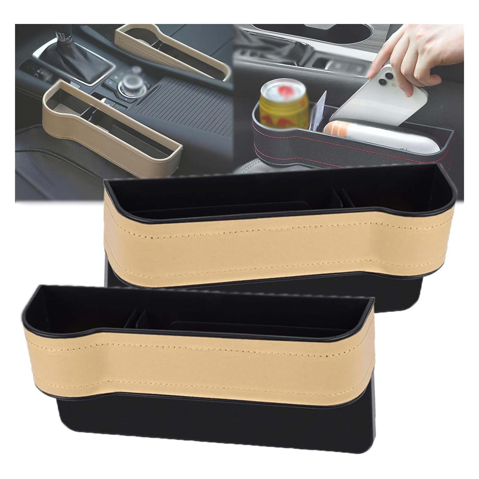 Godemmio Deliberatek Leather Multifunctional Car Seat Organizer, Presencte Leather Multifunctional Car Seat Organizer, Leather Car Seat Organizer Black, Universal Gap Storage Box (Beige, a pair)