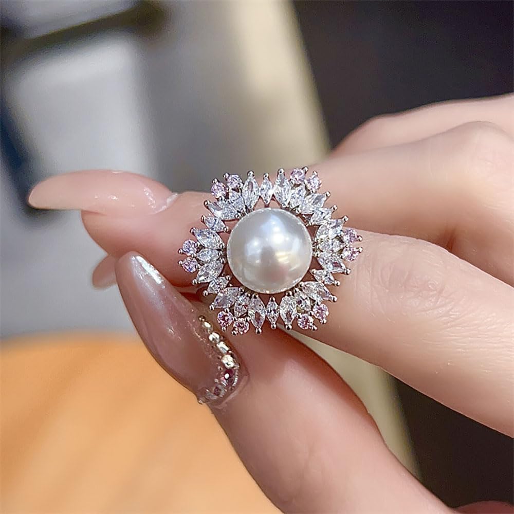 Kokoma Flower Pearl Ring for Women Mothers Day Rhinestone Pink CZ Open Statement Rings Eternity Engagement Wedding Rings Finger Band Adjustable - Image 6