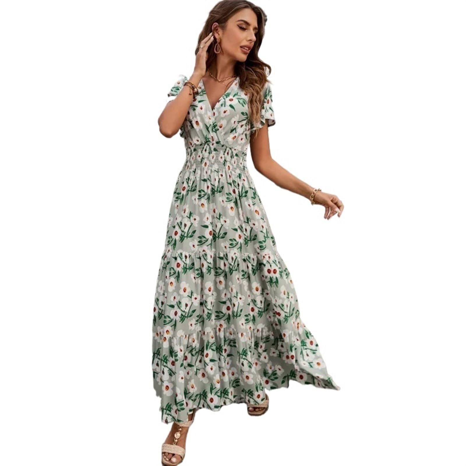 Vestido Cruzado con Estampado de Verano for Mujer, Vestido Informal Ajustado de Manga Corta con Cuello en V para Mujer(S)