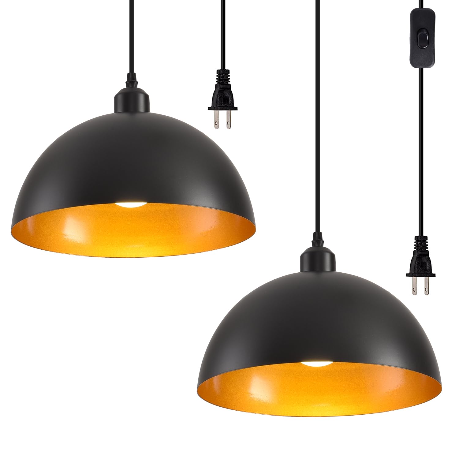 AOJUNSANSAN Plug in Pendant Light 2 Pack Industrial Hanging Lamp with Golden Finish Inside Black Vintage Pendant Lighting Fixtures with 15ft Cord On/
