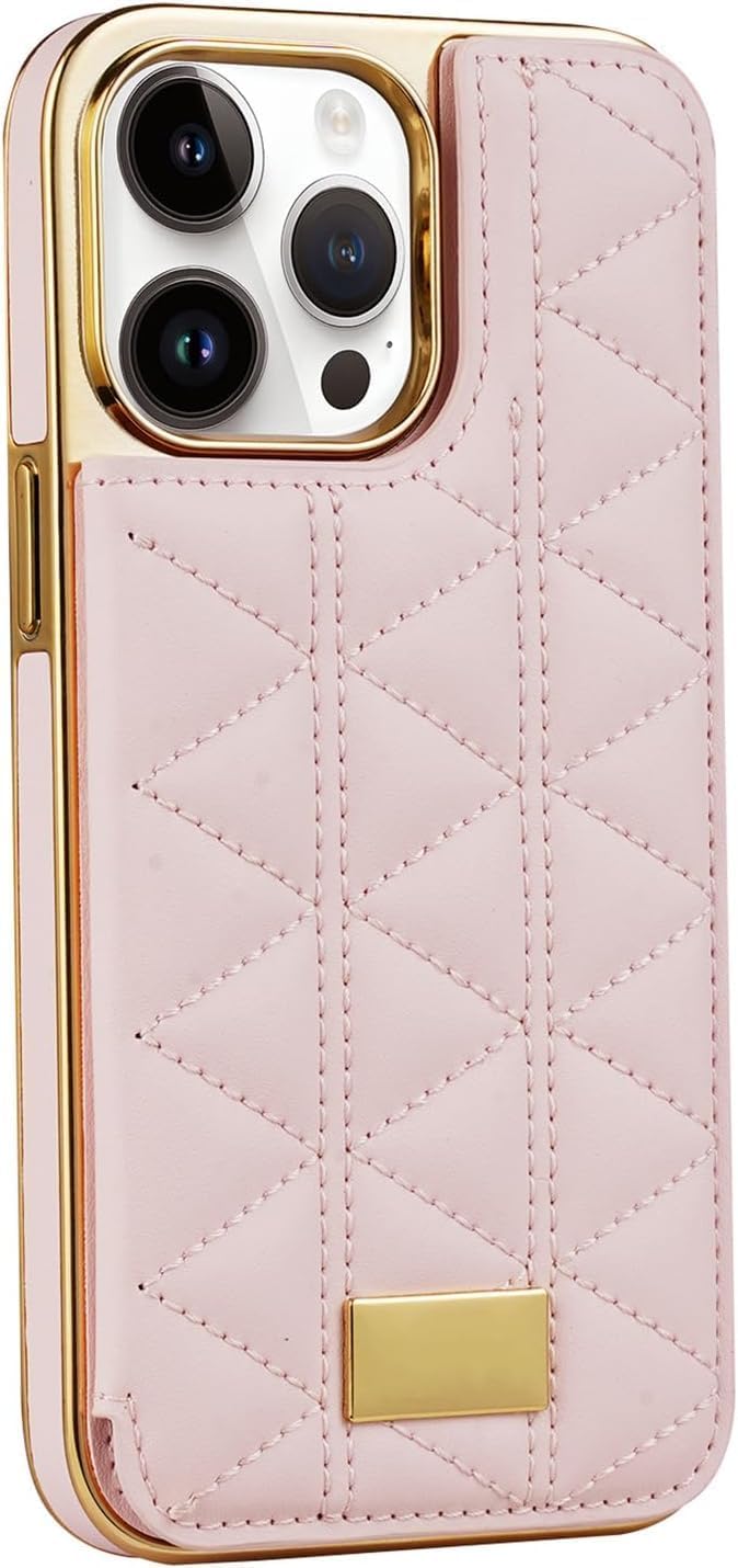 Flip Case for iPhone 15 Pro Max/15 Pro/15, Luxury Plating Frame Magnetic Closure Kickstand Wallet Leather Cover with Card Holder(Pink,15)