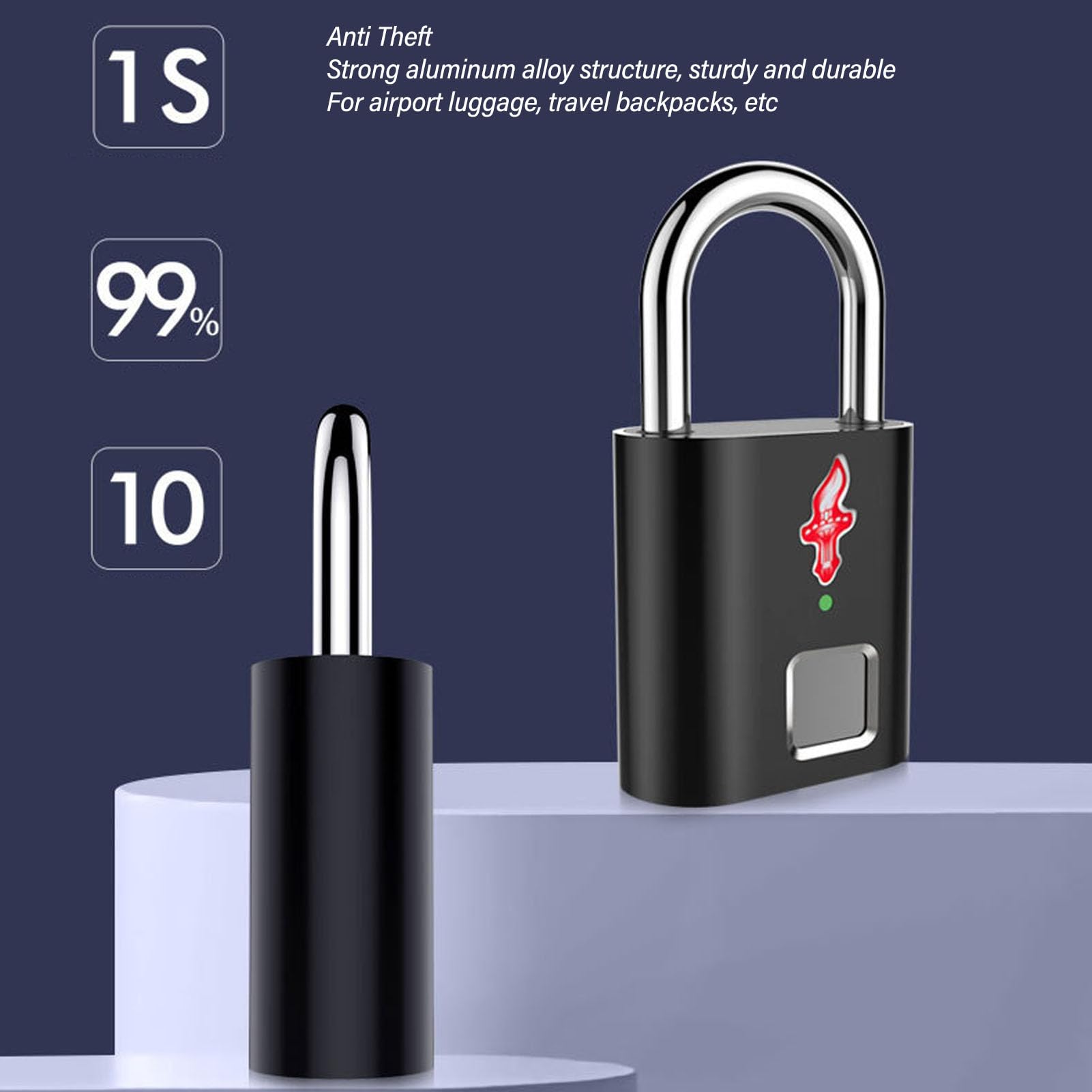 Candado de huella digital inteligente, candado de seguridad sensible con reconocimiento de 360 ​​°, 508DPI, para equipaje, mochila de viaje, aleación de aluminio ABS