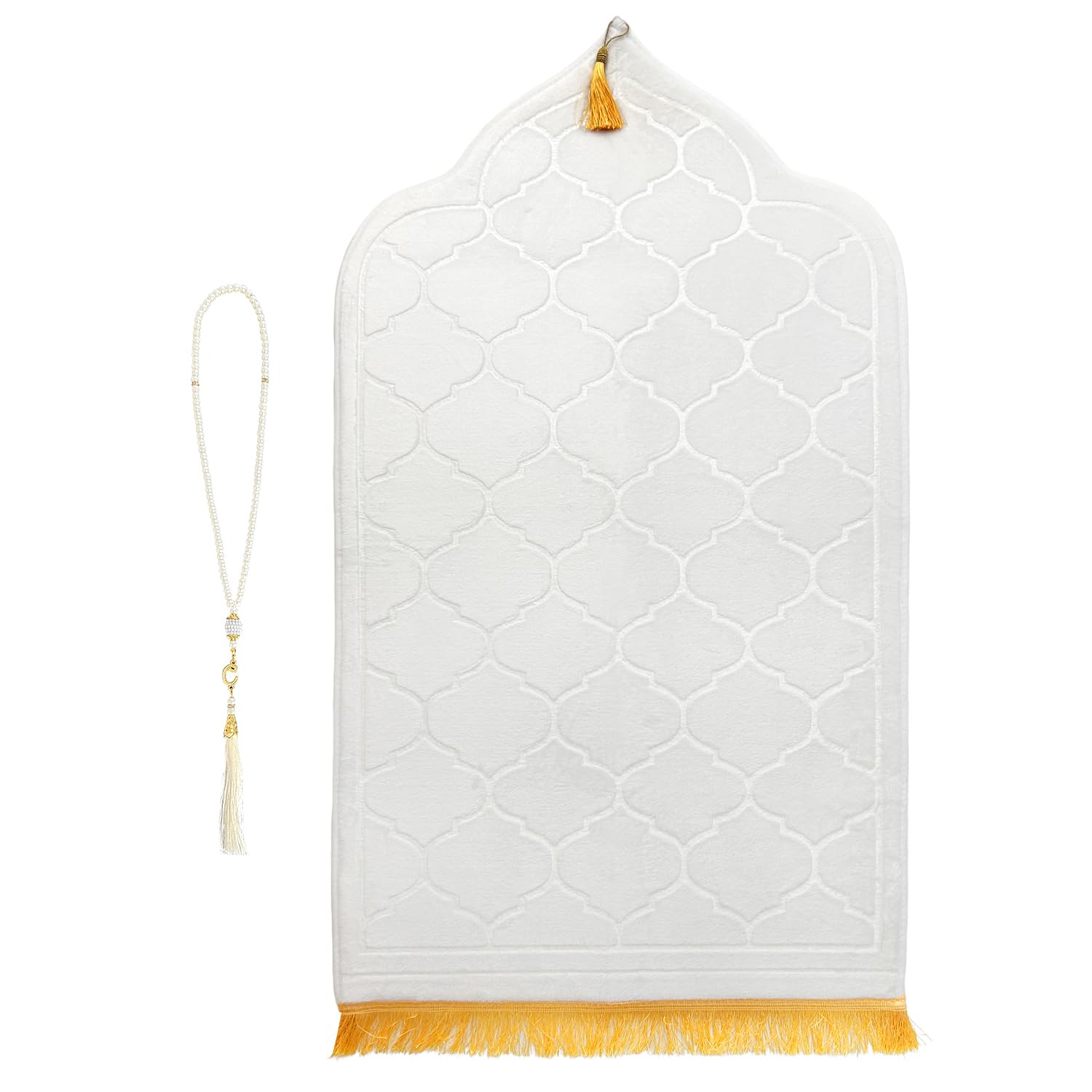 KEAGAN Prayer Mat Muslim Prayer Rug With Tasbih Beads Soft Flannel Islamic Prayer Mat Turkish Carpet Muslim Gift Mubarak Islamic Area Rugs for Ramadan Eid Hajj Travel (White)