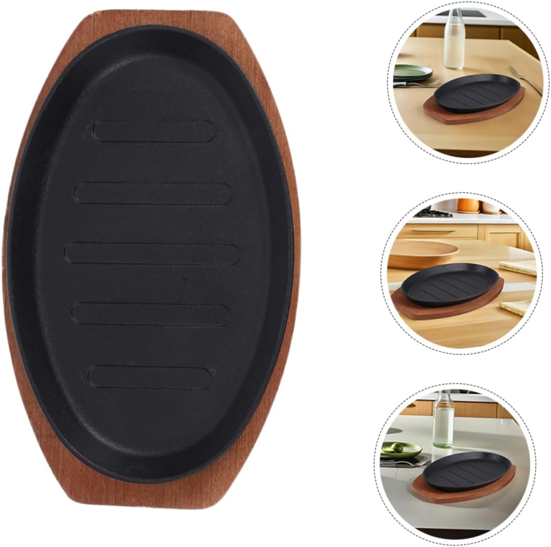 PRETYZOOM Cast Iron Frying Pan with Wooden Base Versatile Teppanyaki Grill Plate for Steak Fajitas and Heat Retention for Home Cooking