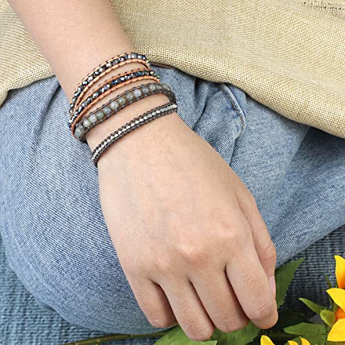 Image of KELITCH Natural Agate Onyx 2 Wrap Bracelets Handmade Leather Strand Bracelets Fashion Jewelry