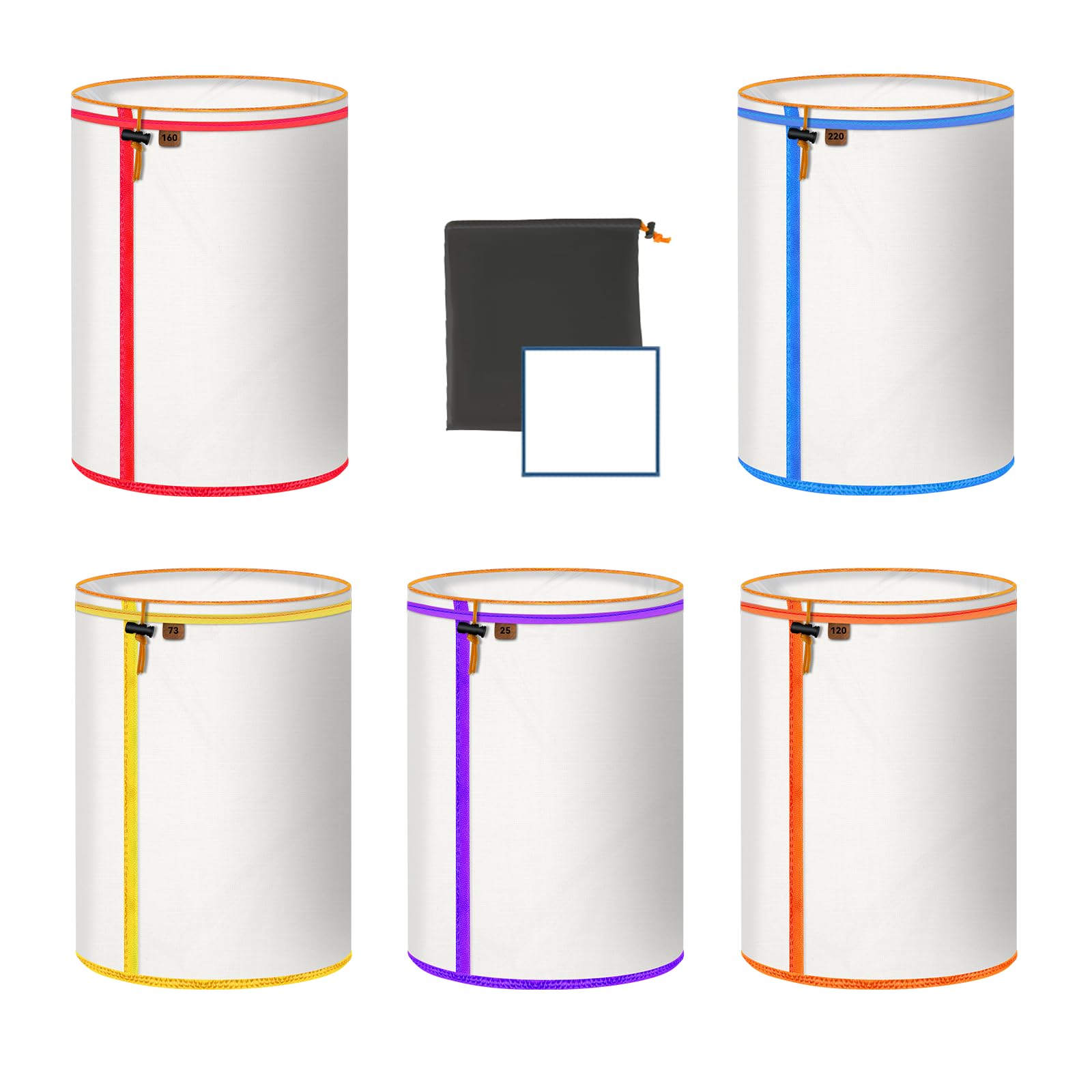 5-Gallon Mesh Filter Bags, 5 Color Fine Nylon Mesh Strainer Bag Set, Reusable Filter Bag for 5 Gallon Bucket, Premium Pressing Screen & Storage Pouch (25 to 220-Micron)