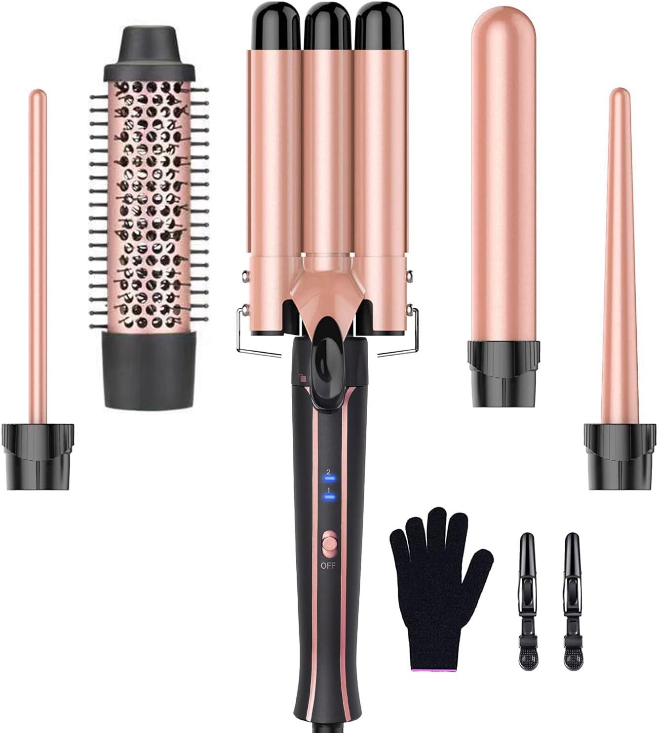 3Clock Curling Iron Wand Set- Barrel Hair Curler with 3 Barrel Hair Crimper, Tapered, Spiral Curling Iron – Fast Heating Travel Hot Styling Tools for Women(5-in-1)