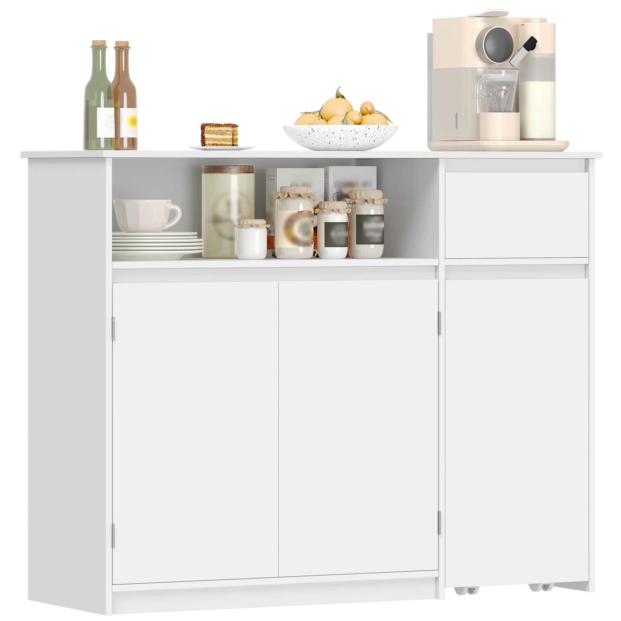 HEXCELEN Sideboard, Küchenschrank, Aufbewahrungsschrank mit Rollwagen, Schubladen und Verstellbaren Einlegeböden für Esszimmer, Küche und Wohnzimmer, Modern, 35 x 100 x 80 cm, Weiß