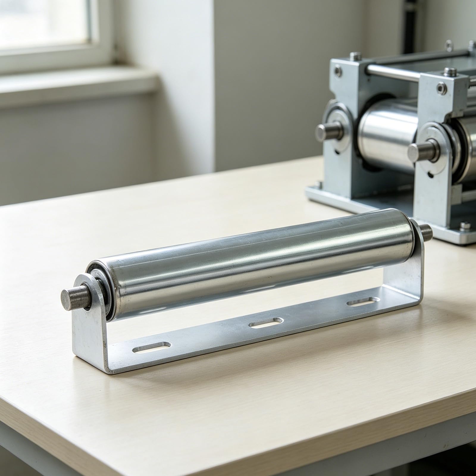 2 Stück Industrieller Antriebsloser Stahl Umlenkrolle mit Halterung und Edelstahl Lagerrollen Baugruppe Maße 30x8,5x1,2cm Silber für Fördersysteme und Materialtransport
