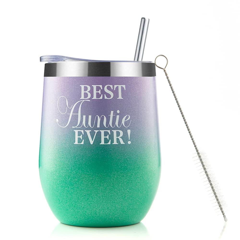 Aunt Gifts for Auntie, Glitter Stainless Steel Wine Tumbler With Lid,12 Oz | Double Wall Vacuum Insulated Travel Glass, Stainless Steel Wine Cup for Coffee, Wine, Cocktails, Ice Cream