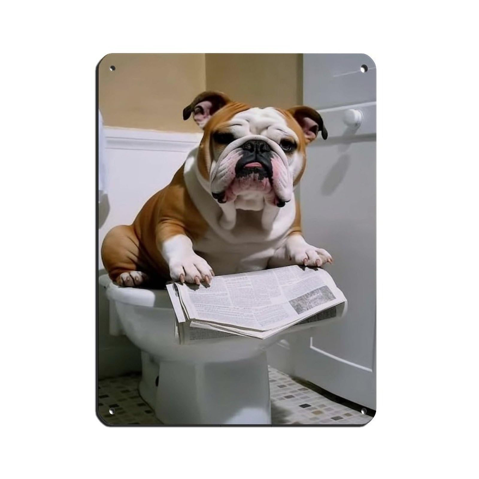 English Bulldog on Toilet Reading The Newspaper Tin Sign Vintage Metal Pub Club Cafe Bar Home Wall Art Decoration Poster Retro 12x16inch(30x40cm)