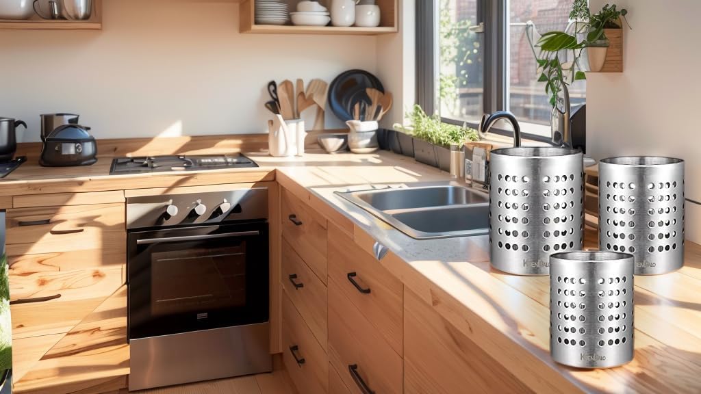 KSENDALO Metal Utensil Holder Set, Small SUS304 Steel Utensil Holder Flatware Silverware Spatulas Utensils Drying Rack for Kitchen Countertop, Kitchen Home Office Organizers ,Silver (3 Pack)