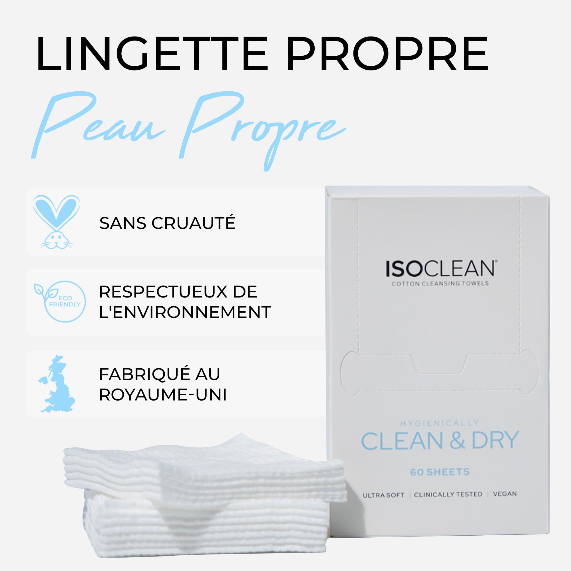 ISOCLEAN Lingettes Visage Jetables - Lingettes en Coton Doux pour Démaquillage, Nettoyage du Visage - Double Texture, Serviette Douce pour Peaux Sensibles, Sans Parfum - Boîte de 60