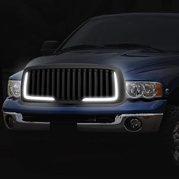 Auto Dynasty Front Grill with LED for 2002-2005 Dodge Ram 1500 2500 3500 | Front Grille for 02 03 04 05 Dodge Ram 1500 2500 3500, Vertical Style with LED Daytime Running Lights, Matte Black