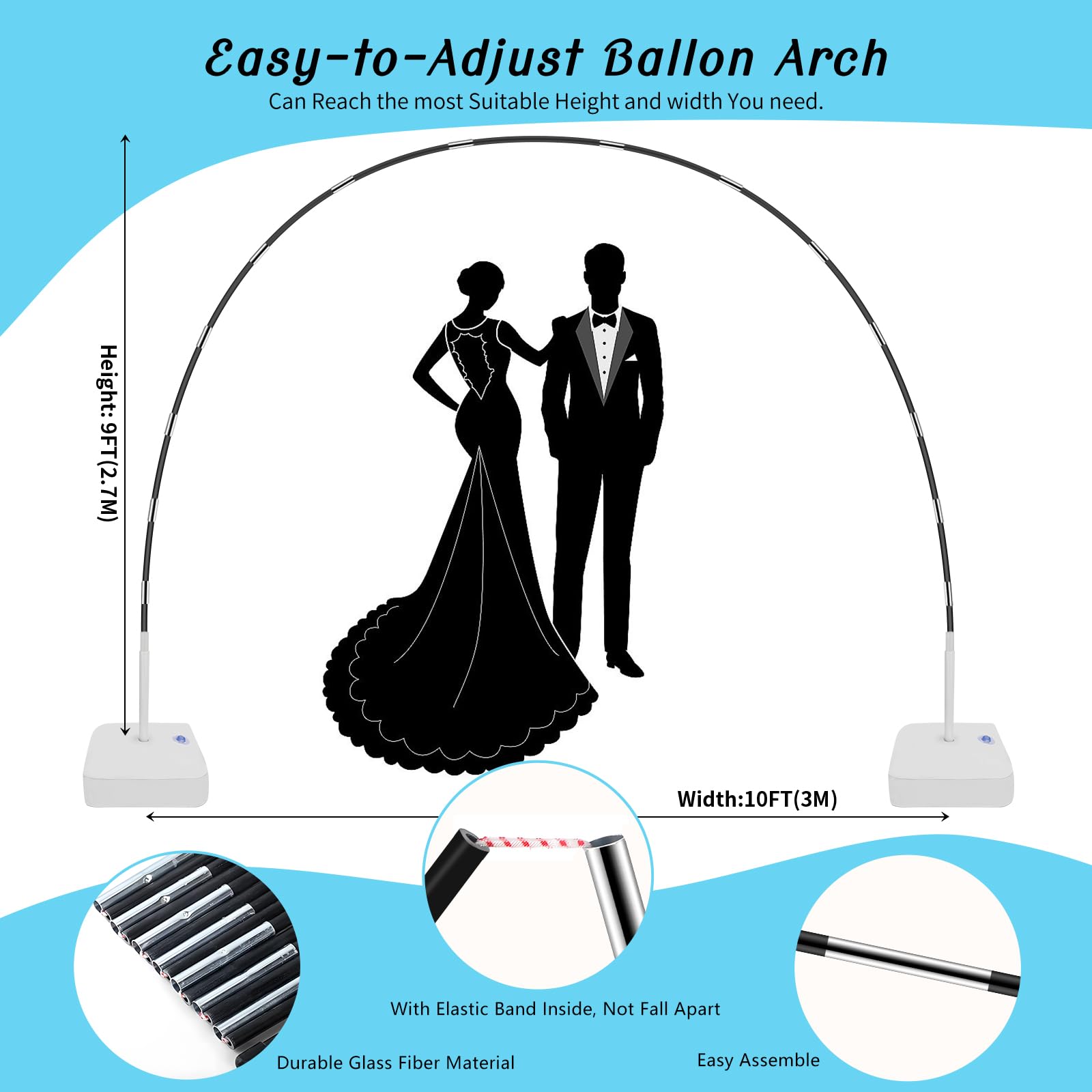 Kit de arco de globo,Arco para Globos,Piso Kit Arco de Globos,Reutilizable Fibra Soporte Globos,Ajuste Libre Balloon Arch Stand para Decoración Cumpleaños Boda,2.7x3M,Mechas para Velas etc
