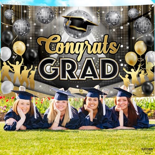Image of Congrats Grad Banner - 72x44 Inch, Graduation Backdrop Class of 2026 for Black and Gold Graduation Decorations 2026 Disco Grad Banner Prom Night, Graduation Banner for Graduate Party, KatchOn