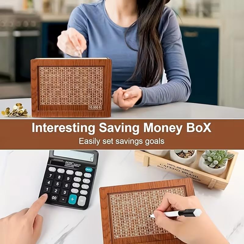 Image of PulGos Wooden Money Saving Box with Marker | ₹50,000 Challenge Piggy Bank for Kids & Adults | Reusable Savings Tracker Gullak | Coin & Cash Deposit Wooden Money Bank | ₹50K Milestone Box