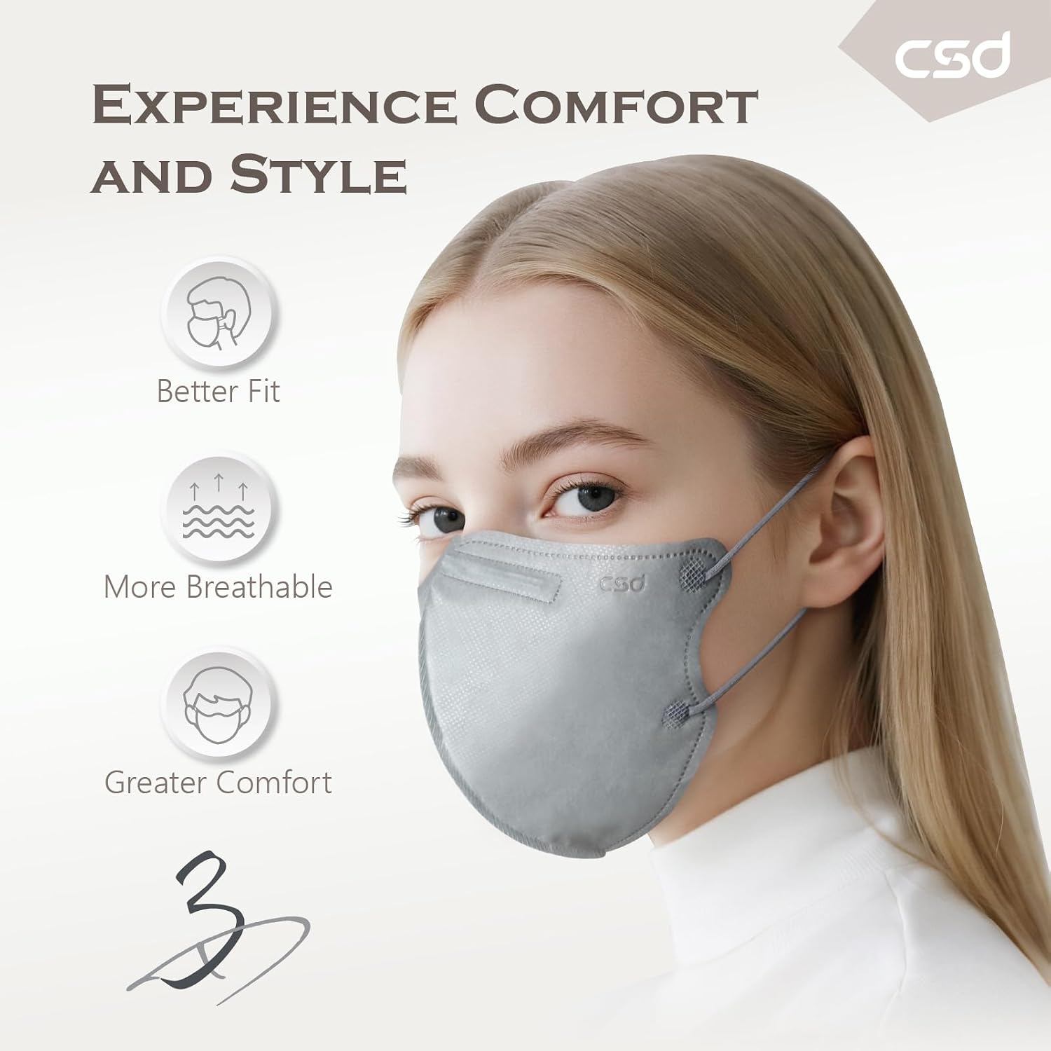 CSD 30 Pcs 3D Disposable Face Masks, 3 Ply Adult Teens Mask with Elastic Ear Loop