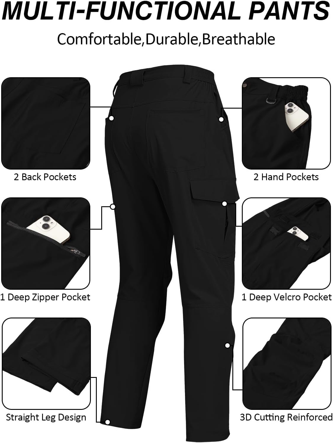 Mens Work Pants Hiking Cargo Waterproof Breathable Lightweight Stretch Quick Dry Outdoor Summer Pants - Image 3