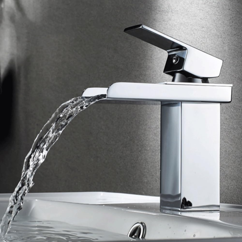 Grifo de baño en cascada de acero inoxidable monomando color plata para lavabo cuadrado