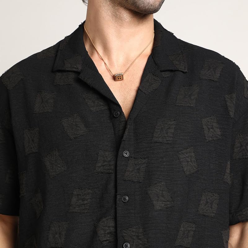 Image of CAHOOT Men's Oversized Shirt for Casual Wear | Cuban Collar | Short Regular Sleeves | Button Closure | Oversized Shirt Crafted with Comfort Fit for Everyday Wear