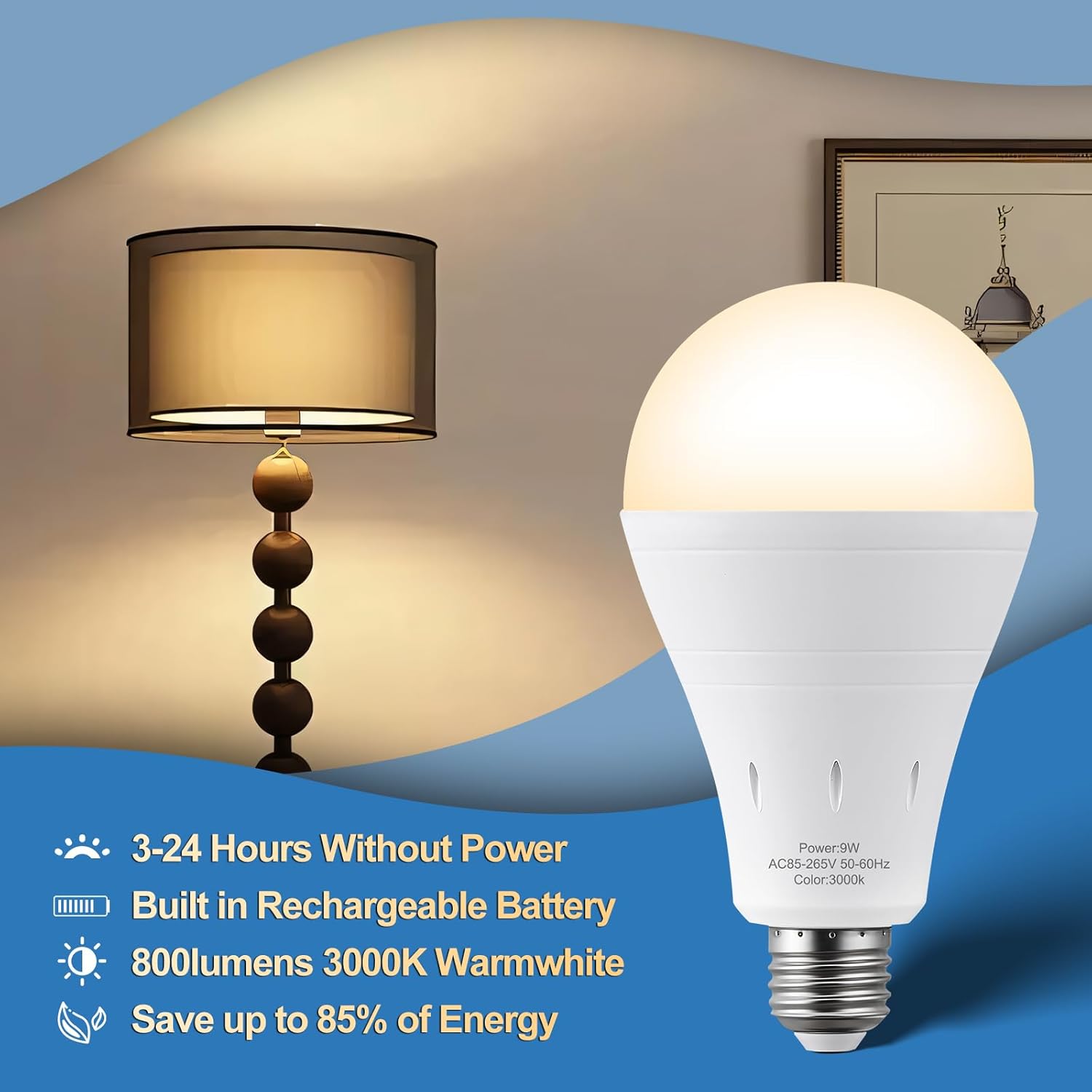 3Pack Rechargeable Emergency Light Bulb, A19 9W Warm White 3000K Self-Charging LED Light Bulb,1200mAh Battery Backup Light Bulbs for Daily,Home Emergency,Outdoor Portable Use