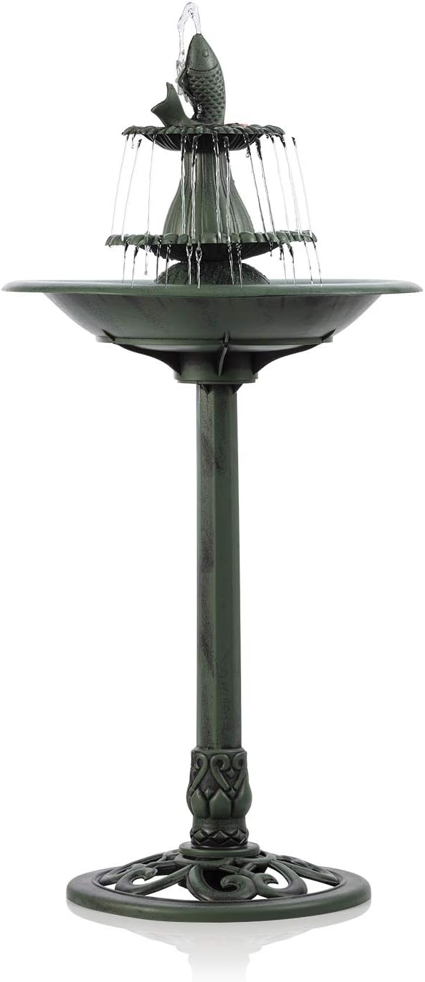 Alpine Corporation 3-Tiered Pedestal Water Bird Bath with Fish Design Floor Fountain, 40-Inch Tall, Green : Birdbaths : Home & Kitchen
