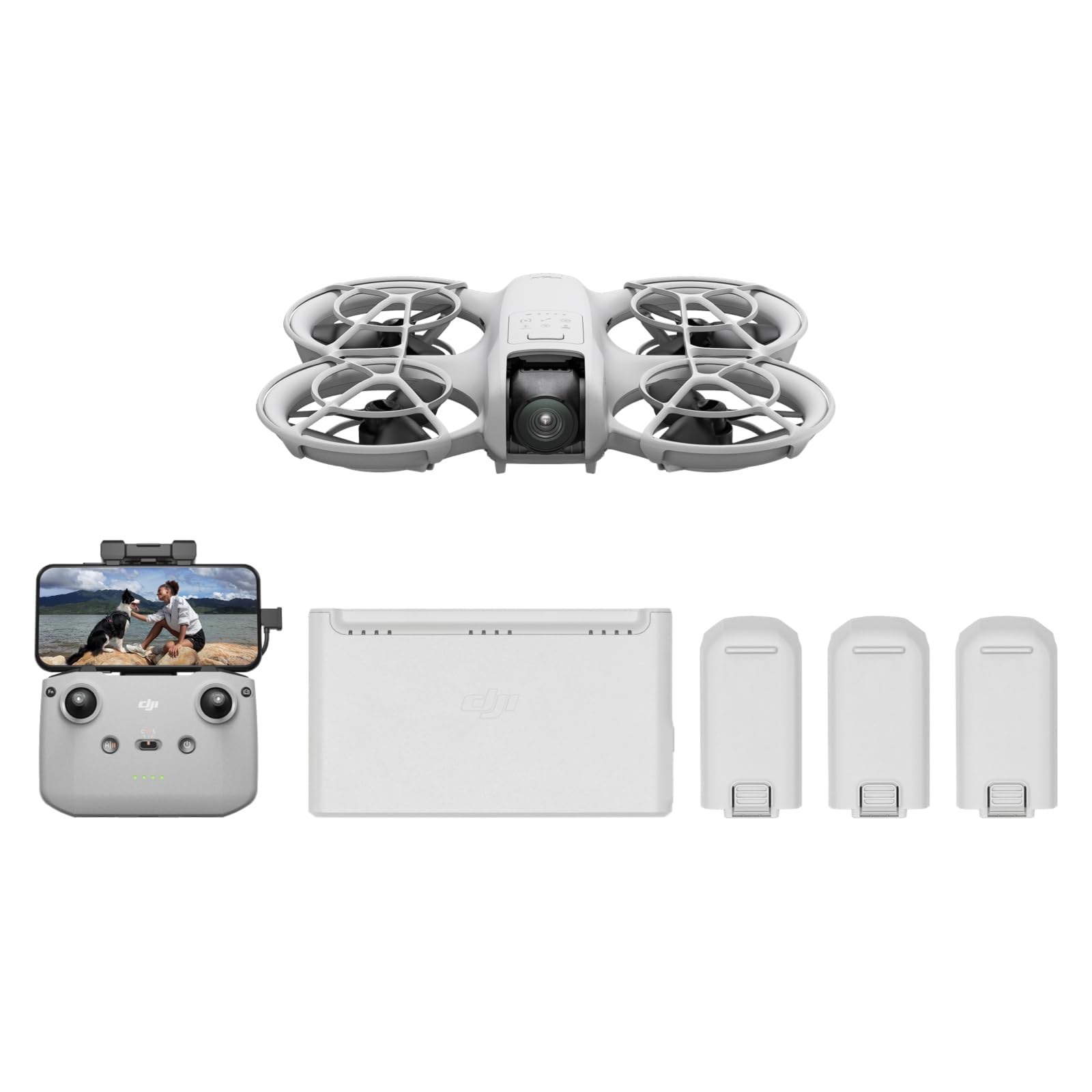 DJI Neo Combo Fly More, mini drone con fotocamera UHD 4K per adulti, 135g drone che vola da solo e ti segue, decollo dalla mano, tracciamento del soggetto, QuickShot, con RC-N3 e 3 batterie