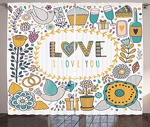 ABAKUHAUS Valenes Rustiek gordijn, Ich liebe Dich Doodles Kunst, Woonkamer Universele band Gordijnen met lussen en haken, 280 x 260 cm, Pale Coffee Teal