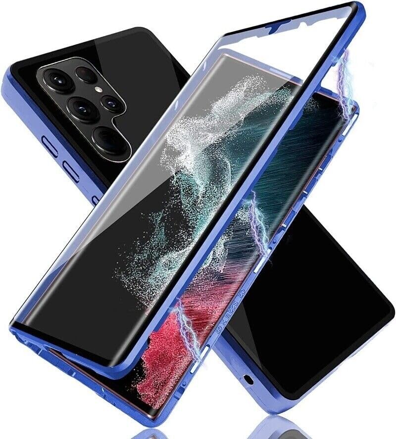Coque en verre magnétique Samsung S22 Plus luxe avec pare-chocs bleu foncé