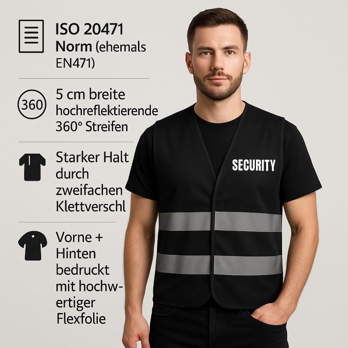 SECURITY Warnweste Set Schwarz – Klettverschluss & Front/Back-Druck – für Türsteher, Ordner, Event & Club – Größen M–4XL
