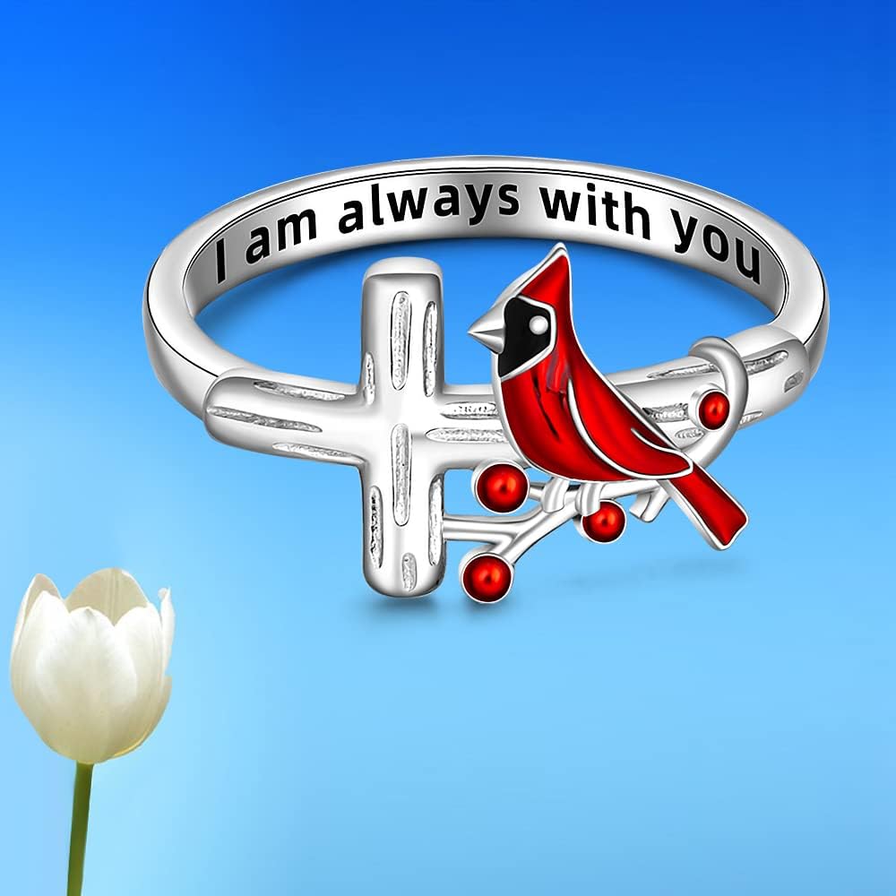 Fenthring Red Cardinal Ring S925 Sterling Silver Cardinal Jewelry Heart Bird Inspirational Rings for Women Memorial Gifts for Loved One Size 6 7 8 9 10