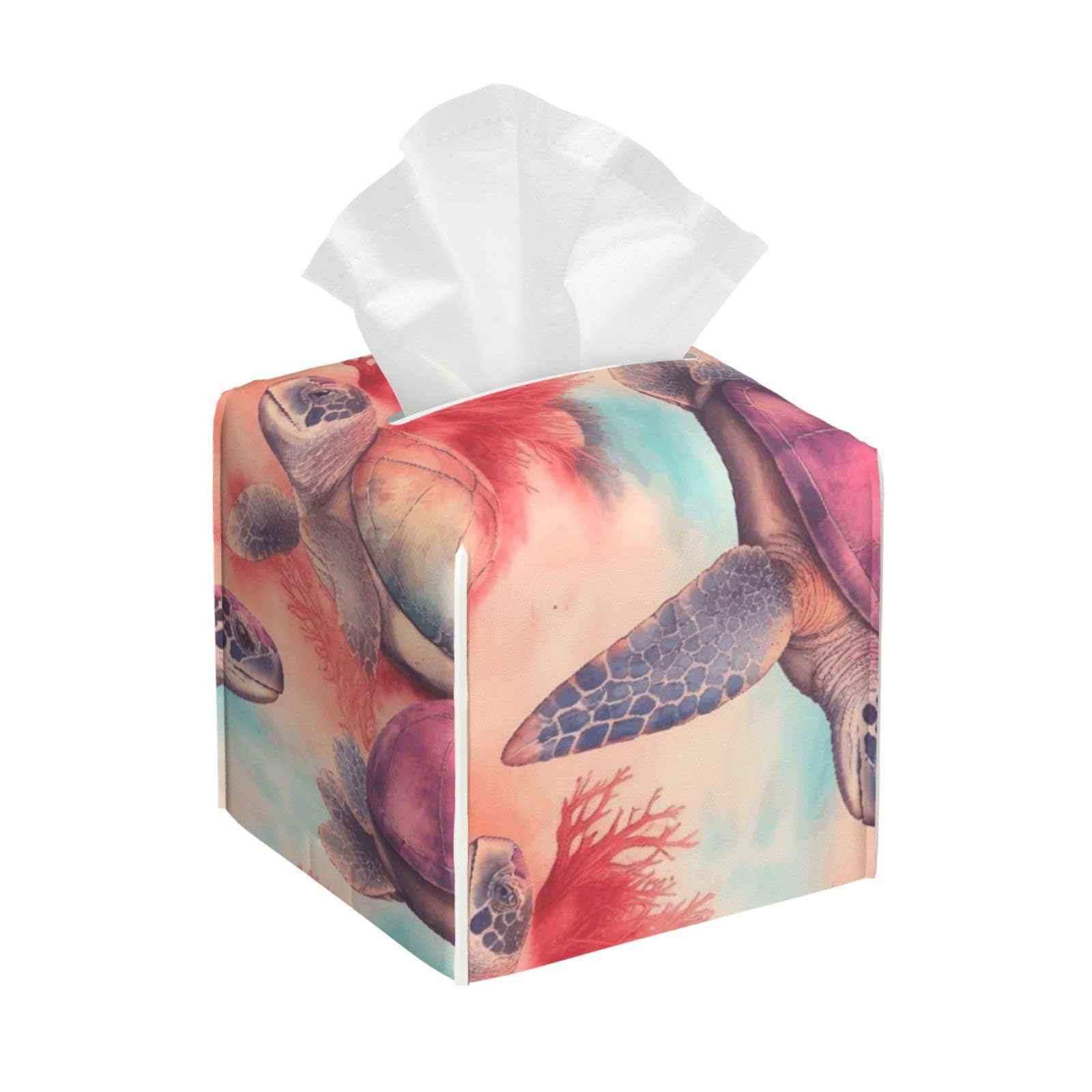 Vintage Watercolor Sea Turtles Leather Tissue Box Cover Holder Square Facial Paper Organizer 5.2" X 5.2" X 5.2"