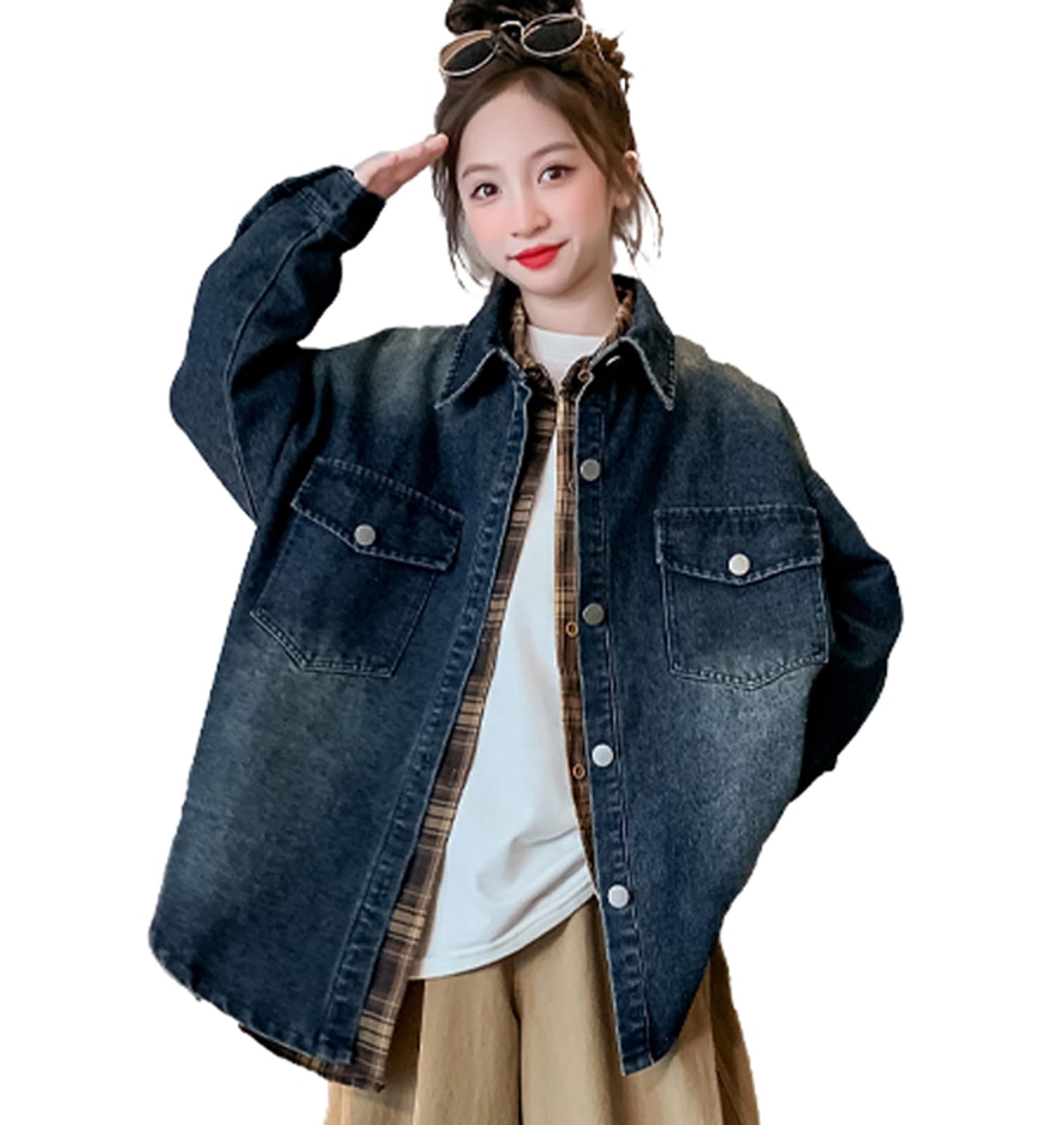 Rolanko Girls Denim Shirt Oversized Button Down Shacket Long Sleeve Jean Shirt Fall Jacket Tops with Pocket 5-16 Years 6-7 A1-dark Blue
