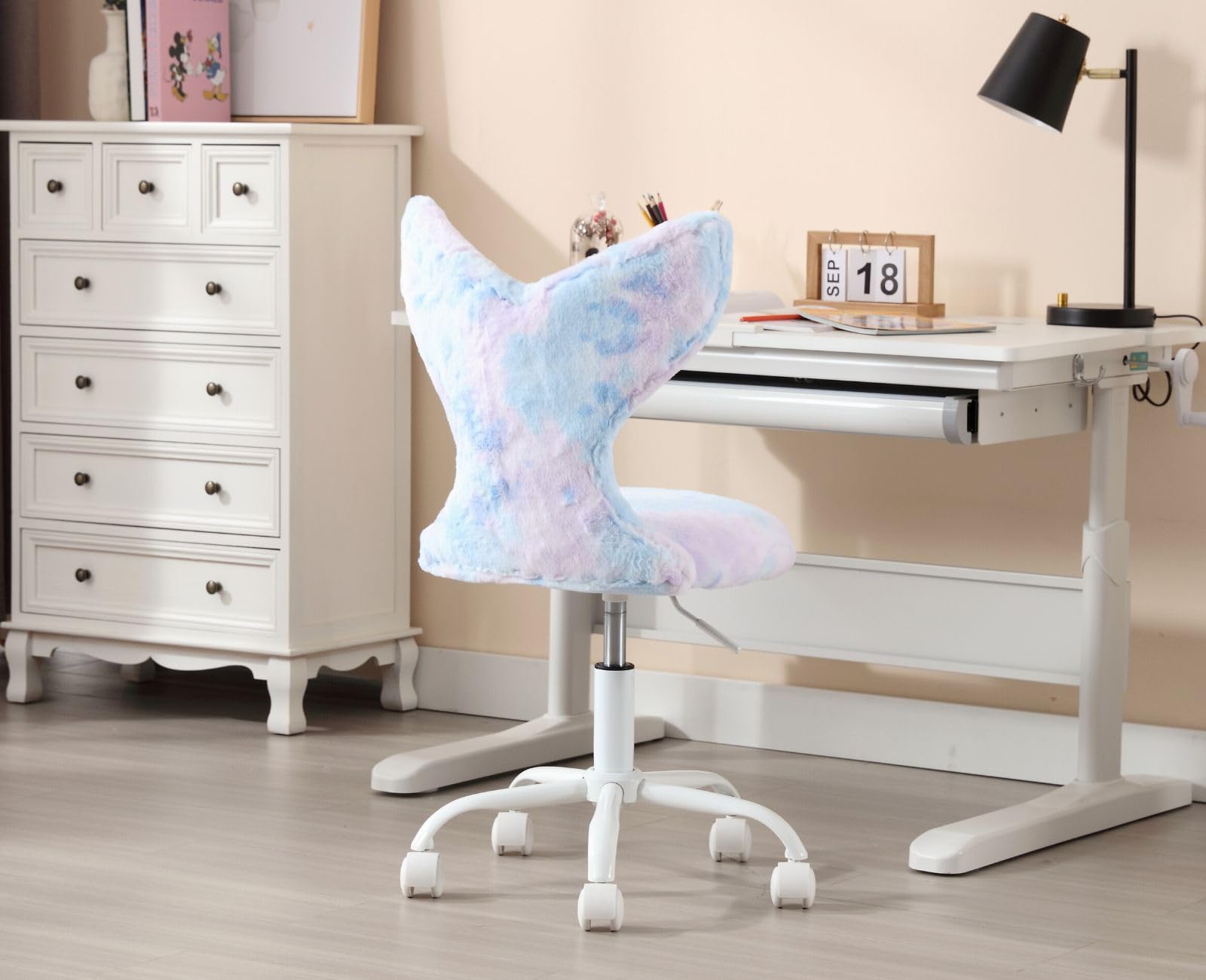 Wahson Chaise de Bureau Enfant en Fausse Fourrure Chaise Pivotante pour Enfant avec Dossier, Chaise Bureau Fille pour Chambre, Bleu