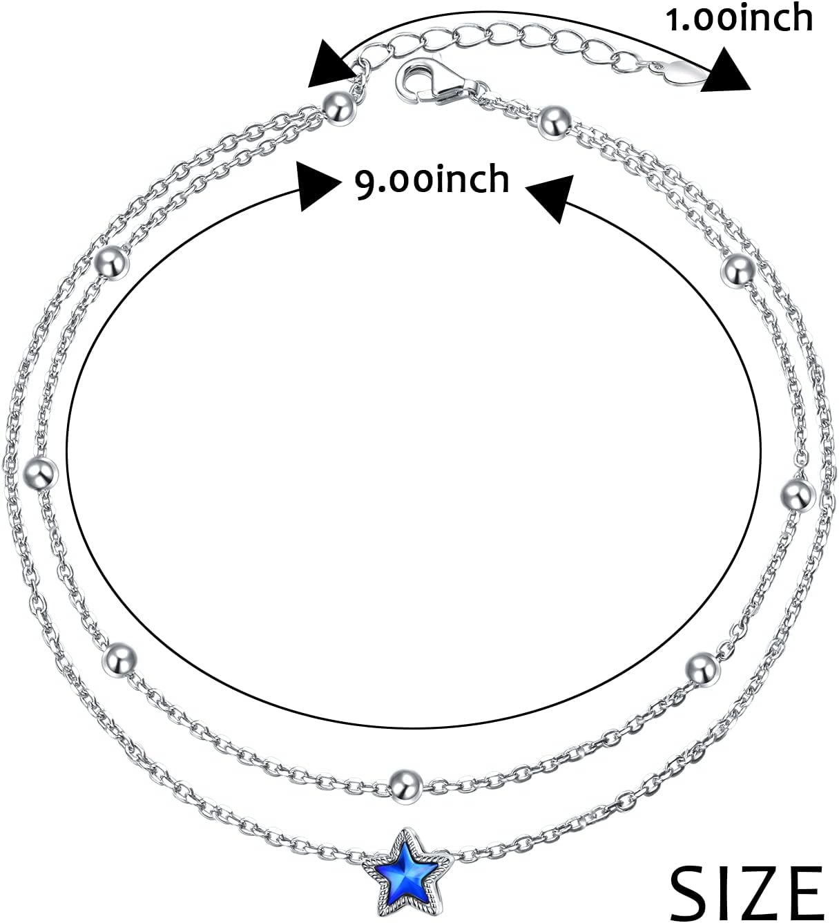 DAOCHONG Double Foot Chain Layer Ankle Bracelets for Women S925 Sterling Silver 3 Blue Stars Beads Chain Double Layer Anklet Beach Jewelry Anklet 9+1.5 inches