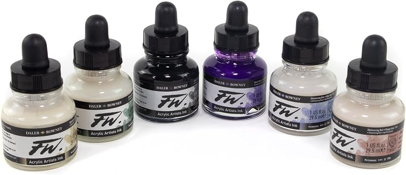 Daler-Rowney FW Acrylic Ink Bottle 6-Color Shimmering Set- Acrylic Set of Drawing Inks for Artists and Students - Permanent Art Ink Calligraphy Set - Calligraphy Ink for Color Mixing
