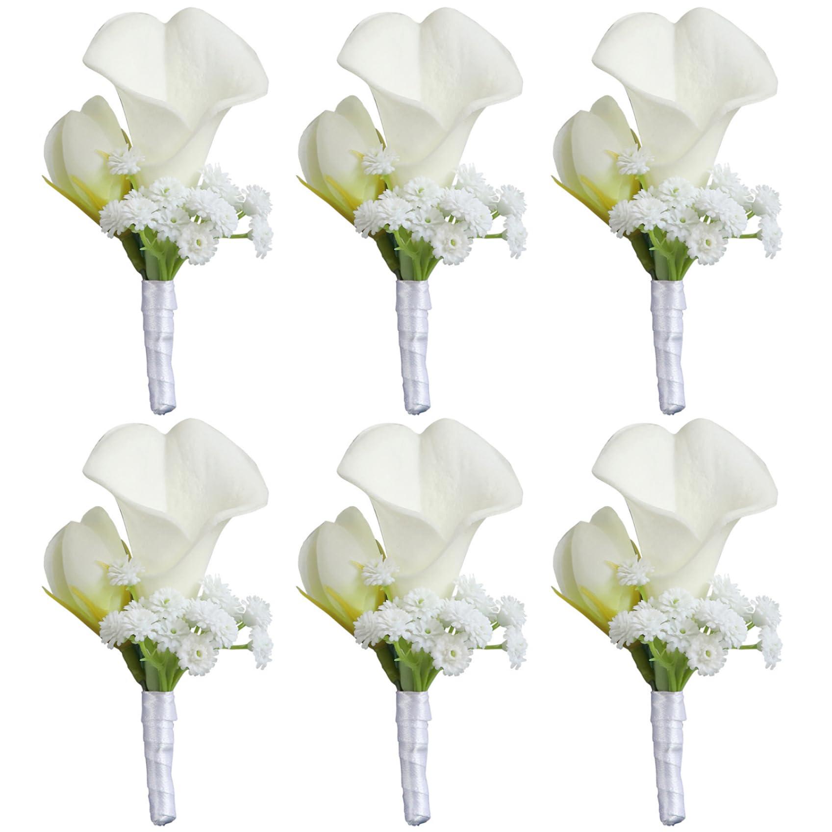 Faroby 6Pcs Calla Lily Boutonniere for Men, Realistic Artificial Boutonniere for Weddings with Lace Wristband, Elegant White Groomsmen Boutonnieres Set, for Men