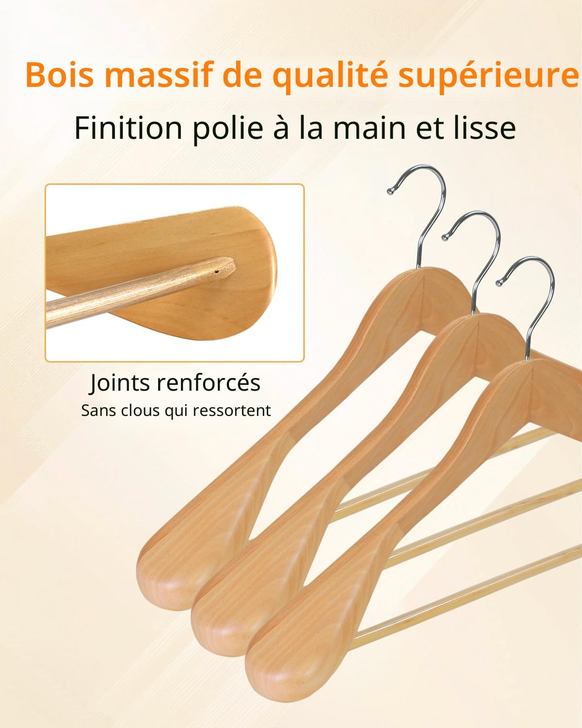 Hangerman Lot de 10 Cintres de Luxe en Bois Massif Naturel 44.5cm, de Épaules Larges, pour Manteau Costume Veste, avec Barre Ronde Antidérapante