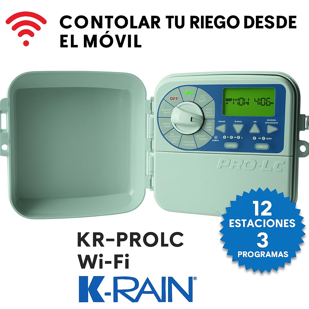Programador Riego WiFi K-Rain PRO-LC – 12 Estaciones, 3 Programas, Exterior, Compatible App Móvil, Memoria Permanente, Sensor Lluvia, Protección Cortocircuito